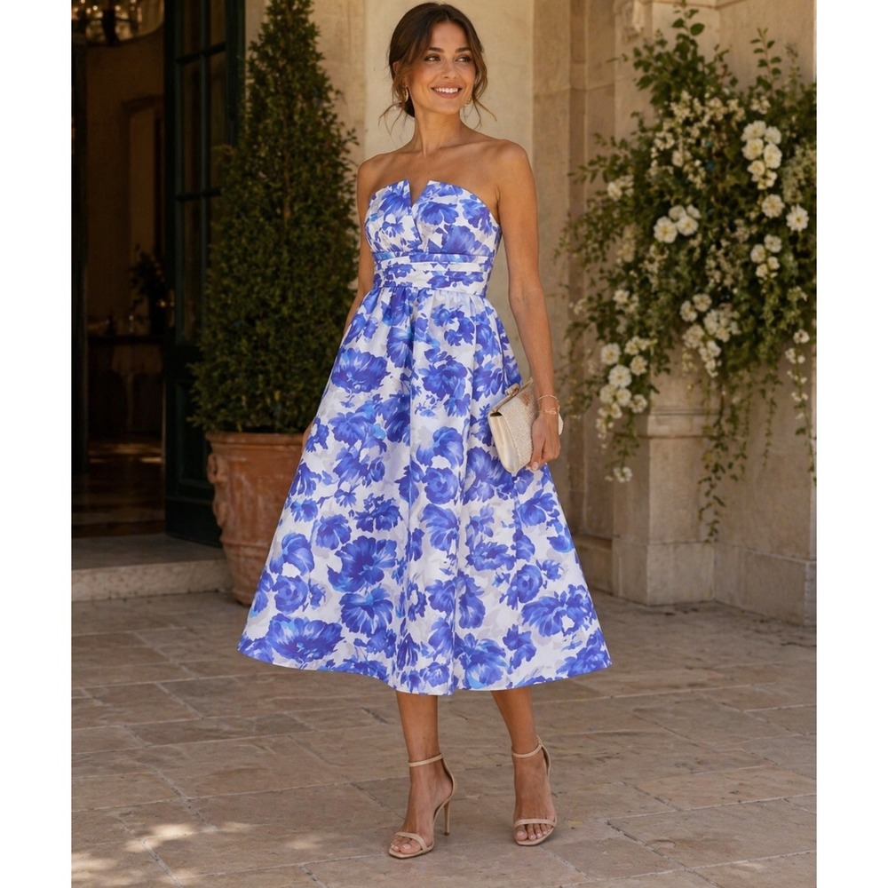 Sachin & Babi Sabelle Dress Blue Floral Strapless Midi Fit Flare 12 Coastal - Picture 1 of 10